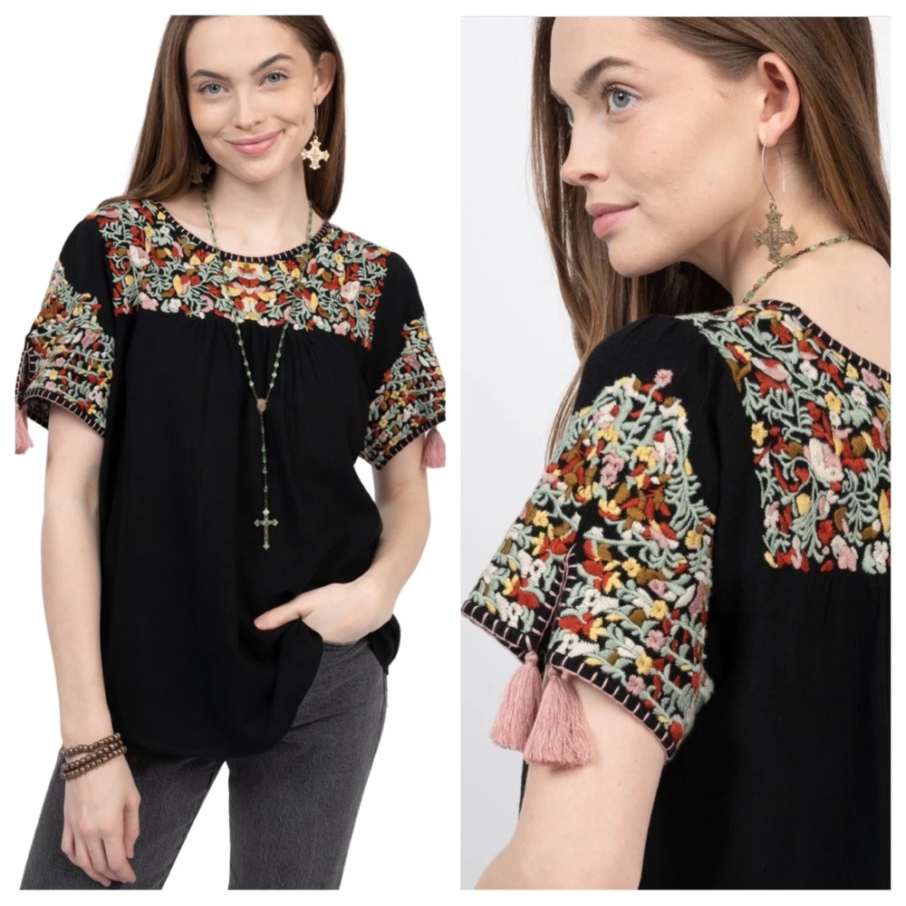 Sister Mary Belen Embroidered Tassels Black Modest Blouse Top